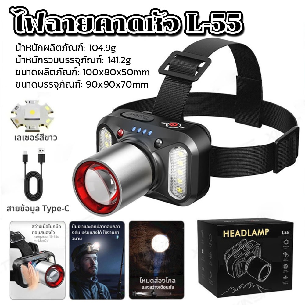 ไฟฉายคาดหัวแท้ LED TD-L55 ไฟคาดหัว Super Bright 3โหมด Zoomable Type-C ชาร์จใหม่ได้กันน้ำสำหรับแคมป์ปิ้งกลางแจ้งล่าสัตว์ต