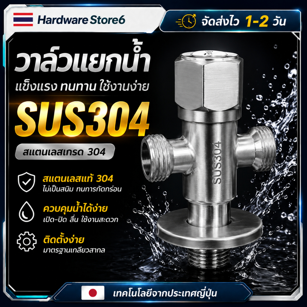 Hardware Store6 จัดส่งภายใน 24 ชม. COD วาล์วแยกน้ำสแตนเลส 2 ทาง SUS304 ใช้กับฝักบัว ชักโครก เปิดปิดง่าย กันสนิม ทนแรงดัน