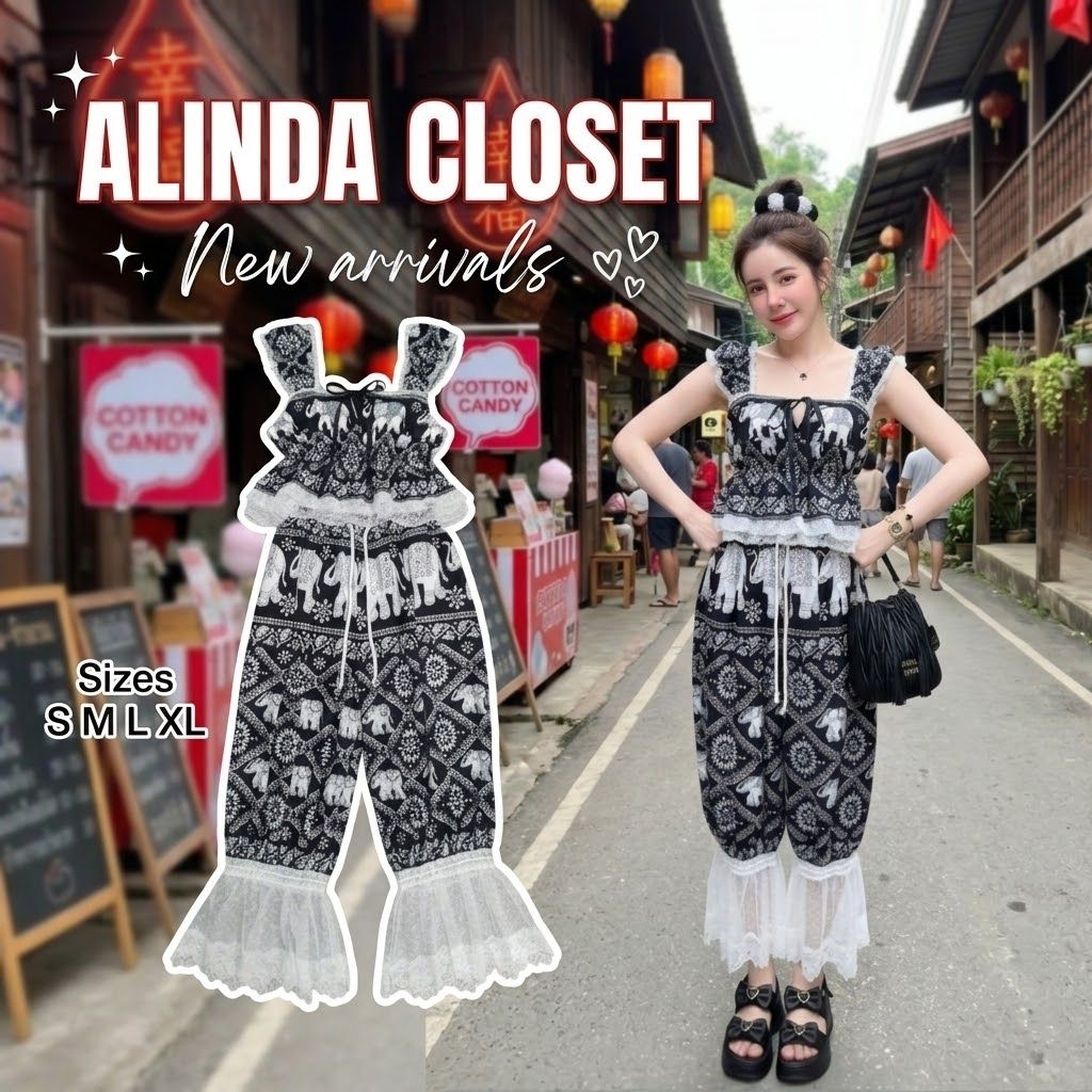 𝘼𝙇𝙄𝙉𝘿𝘼 𝘾𝙇𝙊𝙎𝙀𝙏 ᯓ ★ชุดเซ็ตน้องช้าง เสื้อคอเหลี่ยมซิปหลัง สม๊อคช่วงอกแต่งระบาย+กางเกงจินนี่ เอวสม็อค