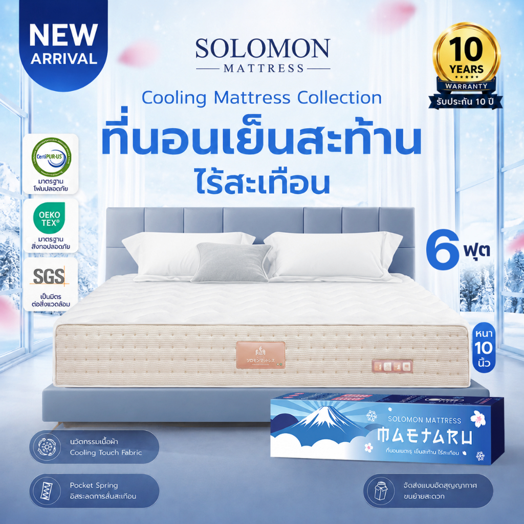 Solomon ที่นอนเย็นสะท้าน ไร้สะเทือน รุ่น Maetaru ขนาด 6 ฟุต หนา 10 นิ้ว สัมผัสเย็น เหมาะกับคนขี้ร้อน