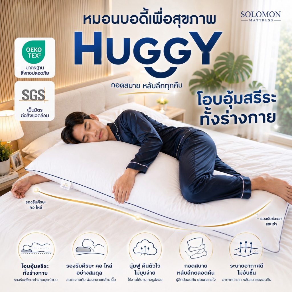 Solomon หมอนบอดี้ รุ่น Huggy หมอนกอดเต็มตัว ซัพพอร์ตสรีระ ลดปวดเมื่อย นอนสบายตลอดคืน