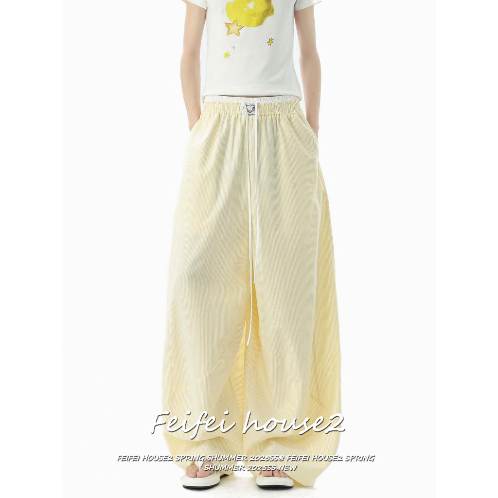 [Feifei-Lazy-style striped trousers]กางเกงขากว้างผู้หญิงสไตล์อเมริกันวินเทจลายทางสีตัดมีเชือกดึงเอว