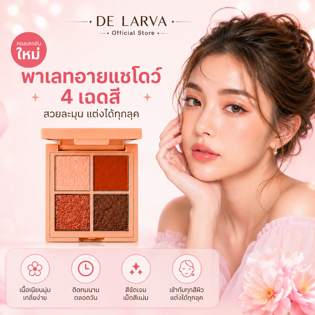 DE LARVA EYE PALETTE อายแชโดว์ 4 เฉดสีในหนึ่งตลับ อายแชโดว์ กันน้ำ ชิมเมอร์เนื้อโมจิอายแชโดว์สีชมพู สีแน่นติดทน