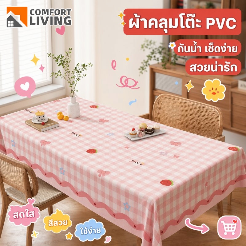 ผ้าปูโต๊ะ PVC กันน้ำ กันน้ำมัน กันลื่น ลายตารางหมากรุก สีสันสดใส ทนร้อน เช็ดง่าย ขนาด 90 140