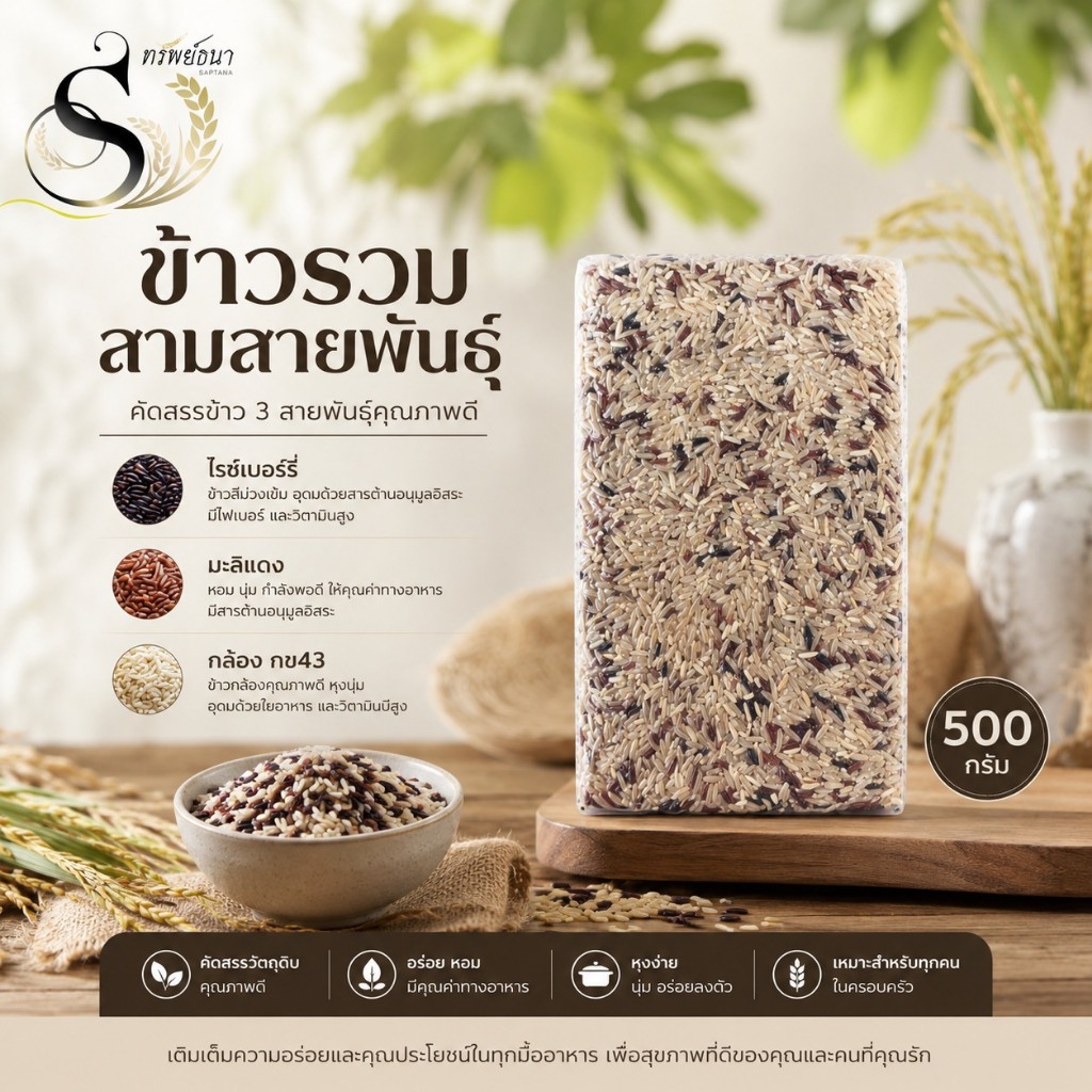 ข้าวรวมสามสายพันธุ์ ขนาดทดลอง500กรัม ตราทรัพย์ธนา ลองชิมความอร่อยในแพ็คเดียว