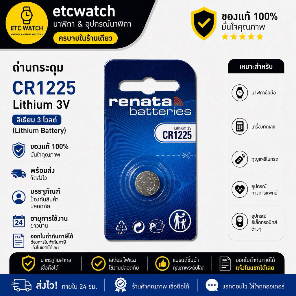 พร้อมส่ง> ถ่านกระดุม Renata CR1225 จำนวน 1 ก้อน