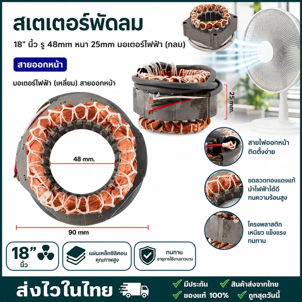 สเตเตอร์พัดลมตั้งพื้น อะไหล่ใช้สำหรับพัดลม HATARI ฮาตาริ 16 นิ้ว รู46mm หนา25mm สายเหลี่ยมยาว มีเทอร์โมฟิวส์ สายออกหน้า