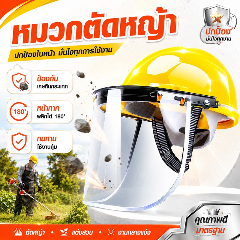 🔥โปรโมชั่น! หมวกตัดหญ้าหน้ากากกันกระเด็น ใส/กริด กันเศษหญ้า-กรวด ทนแรงกระแทก ปลอดภัย จัดส่งฟรี