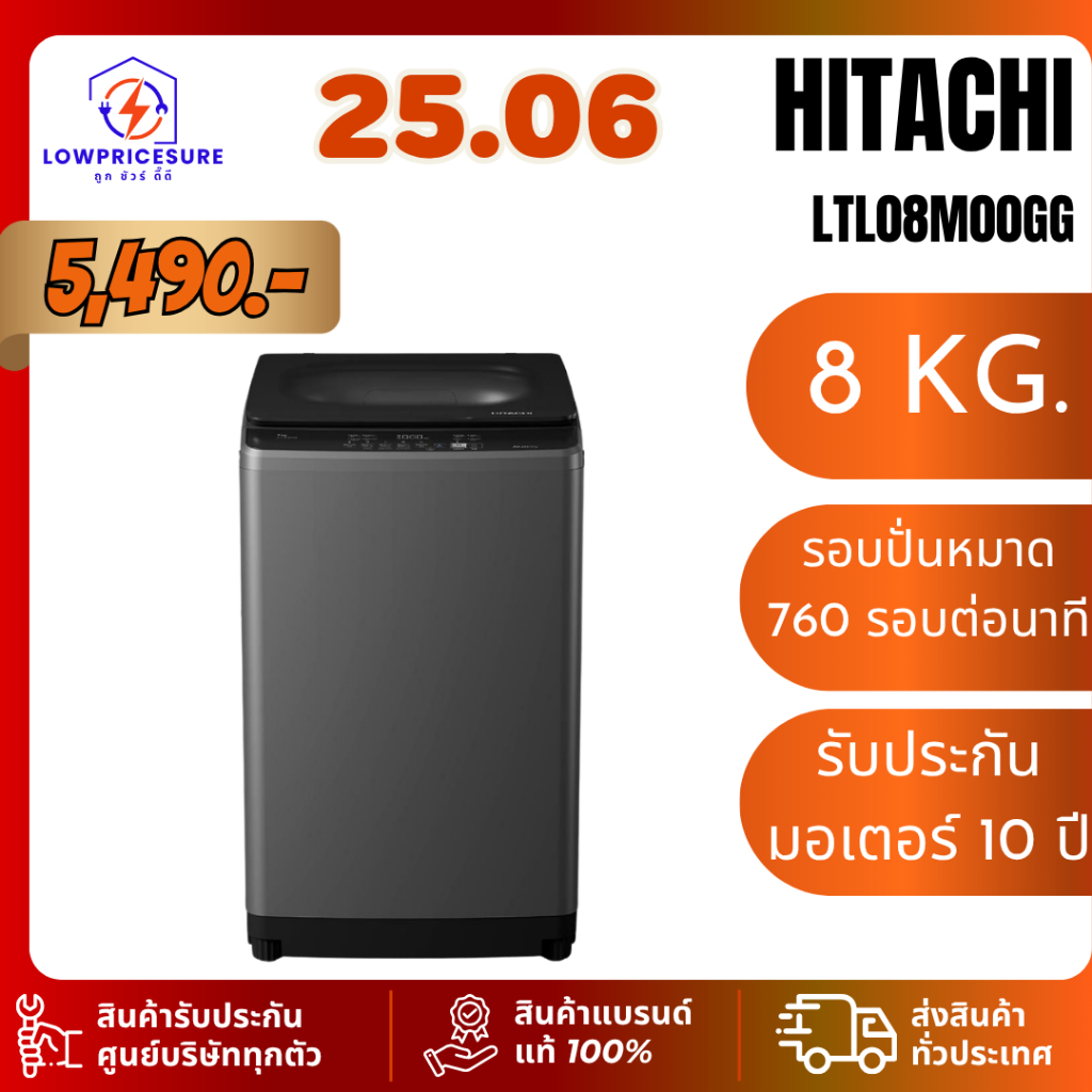 HITACHI รุ่น LTL08M00GG เครื่องซักฝาบน 8 Kg. LTL 08M00 GG อัติโนมัติ