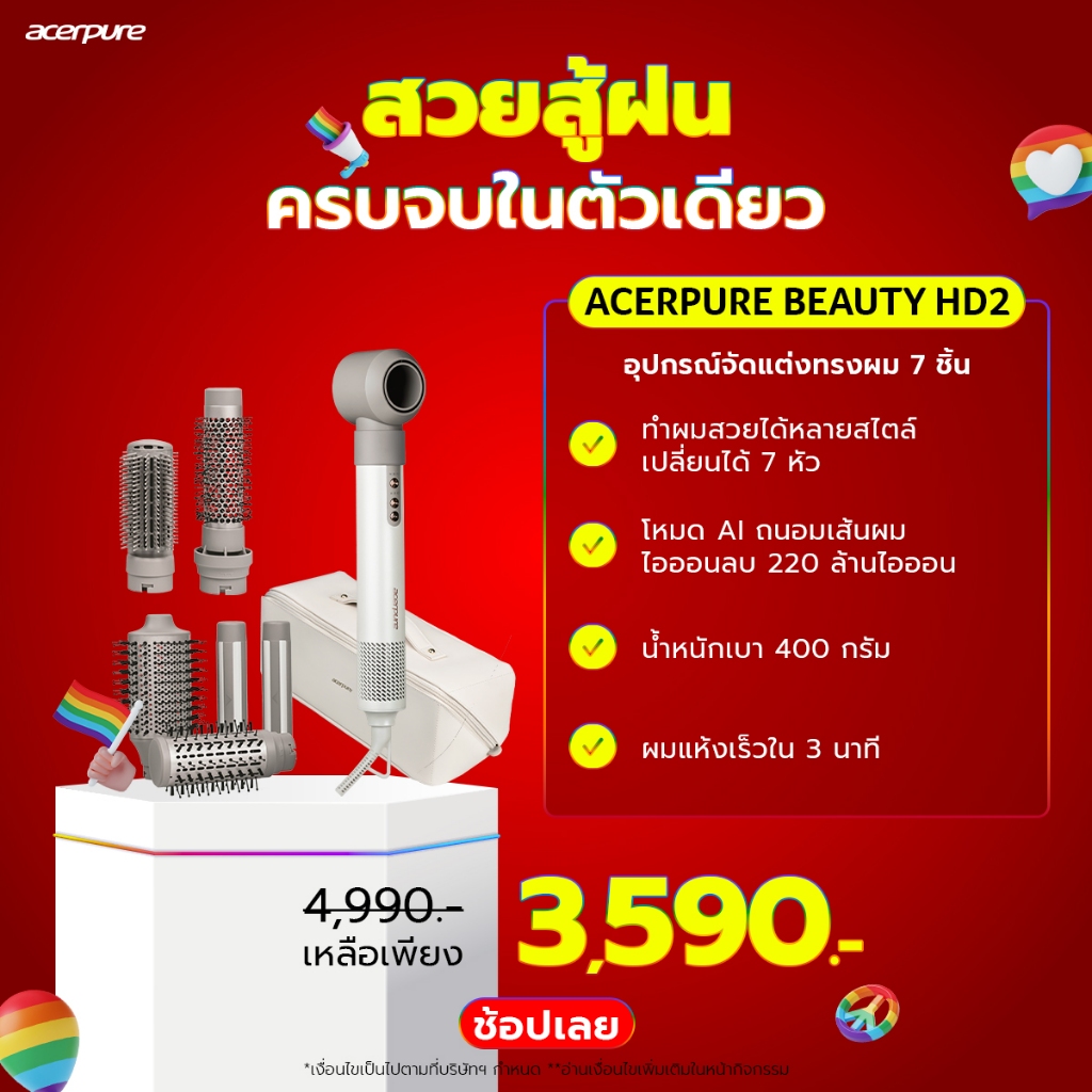 Acerpure BEAUTY HD2 Hair Dryer and Styler ไดร์เป่าผม 1400W ถนอมเส้นผม แห้งเร็วใน3นาที รับประกัน2ปี