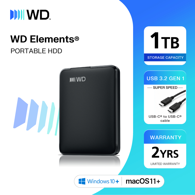 Western Digital HDD ELEMENTS USB-C 1TB (BLACK) ฮาร์ดดิสก์แบบพกพา รุ่น ELEMENTS USB-C