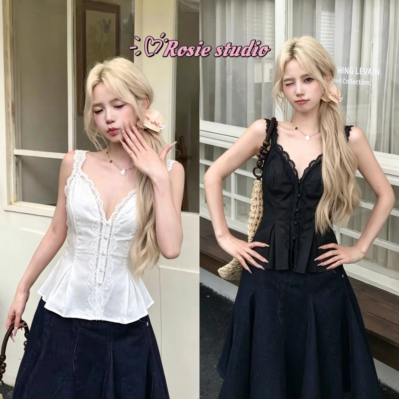 Rosie🖤พร้อมส่ง🍨เสื้อกล้ามสายเดี่ยวลูกไม้ฝรั่งเศส คอวี สไตล์น่ารักเซ็กซี่ รัดรูปผอมสวย ใส่ซ้อนในตัวผู้หญิง