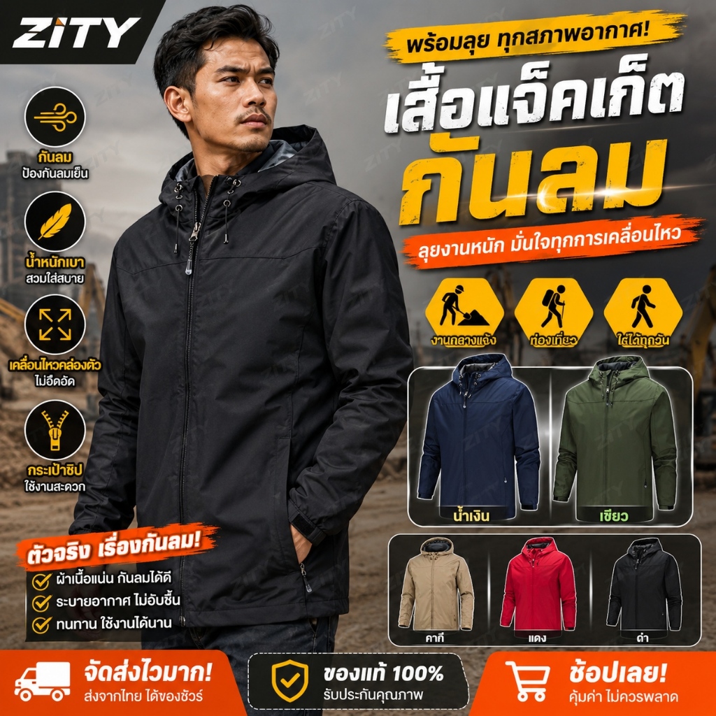 ZITY แจ็คเก็ต Hooded กันน้ำและกันลม แจ็คเก็ตเดินป่าของผู้ชายที่ระบายอากาศน้ำหนักเบา เสื้อทำงานสบาย ๆ