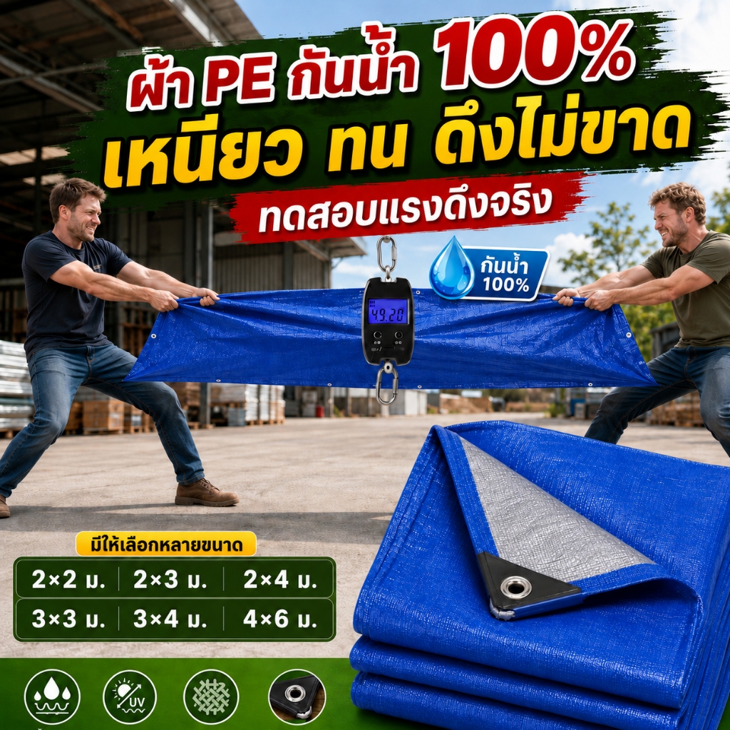 ผ้าใบกันฝน ผ้าใบ PE ผ้าใบเอนกประสงค์ กันน้ำ 100% สองด้าน กันแดดทน UV มีตาไก่เสริม เอนกประสงค์ ขนาด 4x6 ถึง 10x12 เมตร