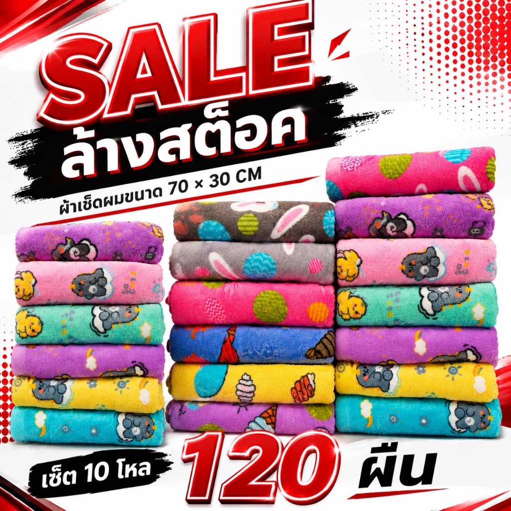 [10โหล = 120 ผืน] ผ้าเช็ดผม ผ้าเช็ดหน้า ผ้าเช็ดทั่วไป ขนาด 70x30cm [ส่งจากไทย]