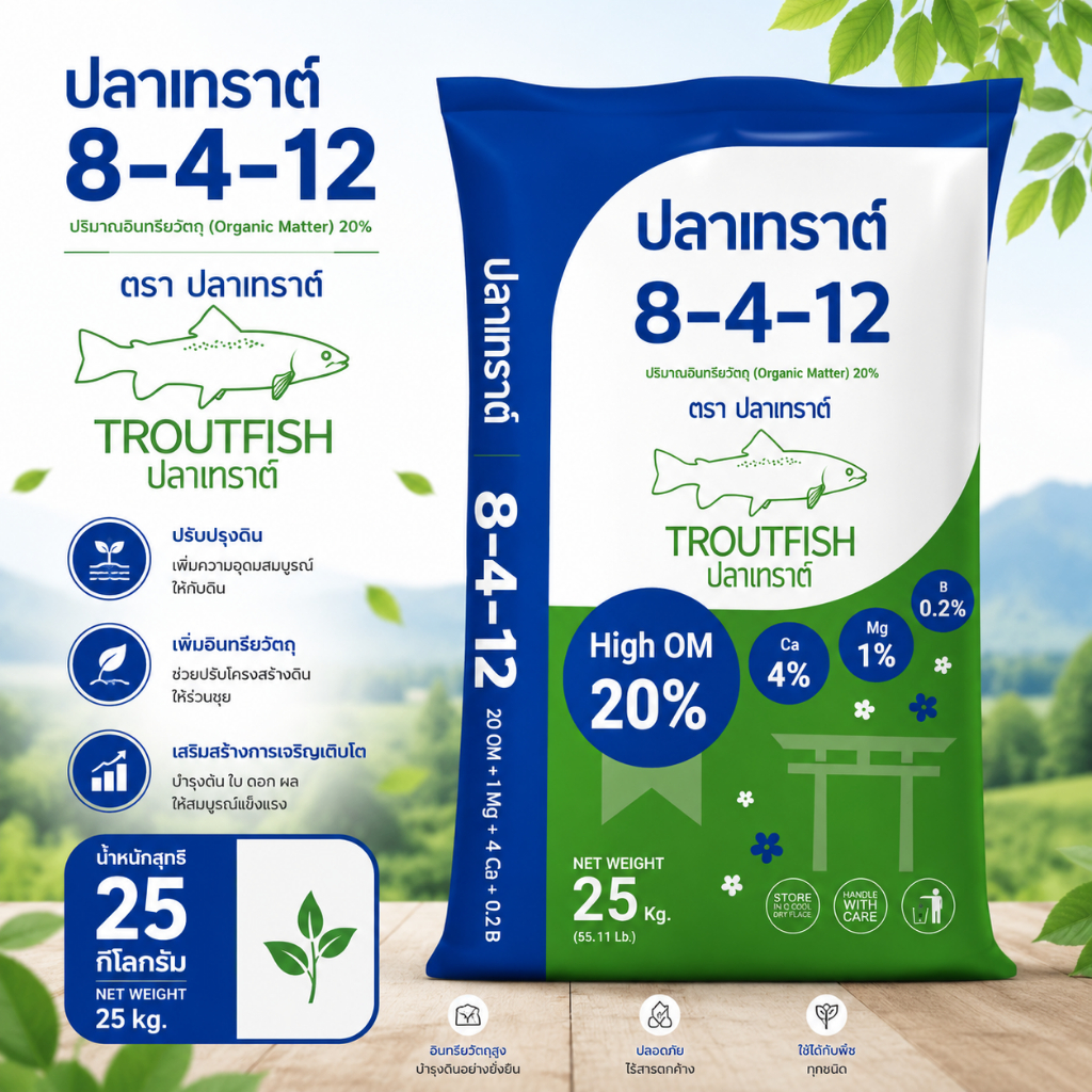 ปุ๋ยปลาเทราต์สูตร 8-4-12 ช่วยติดผล ลดการหลุดล่วง ขยายผล สร้างเนื้อ เข้าสี (สั่งทีละ1กระสอบเท่านั้น)