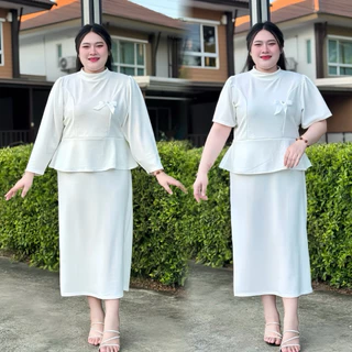 S206เซ็ท2ชิ้น เสื้อคอตั้ง+กระโปรงยาว *เสื้อมีให้เลือกแขนสั้น&แขนยาว มี3ไซส์ L XL 2XL รอบอก40-60นิ้ว ผ้าวูลเวฟ