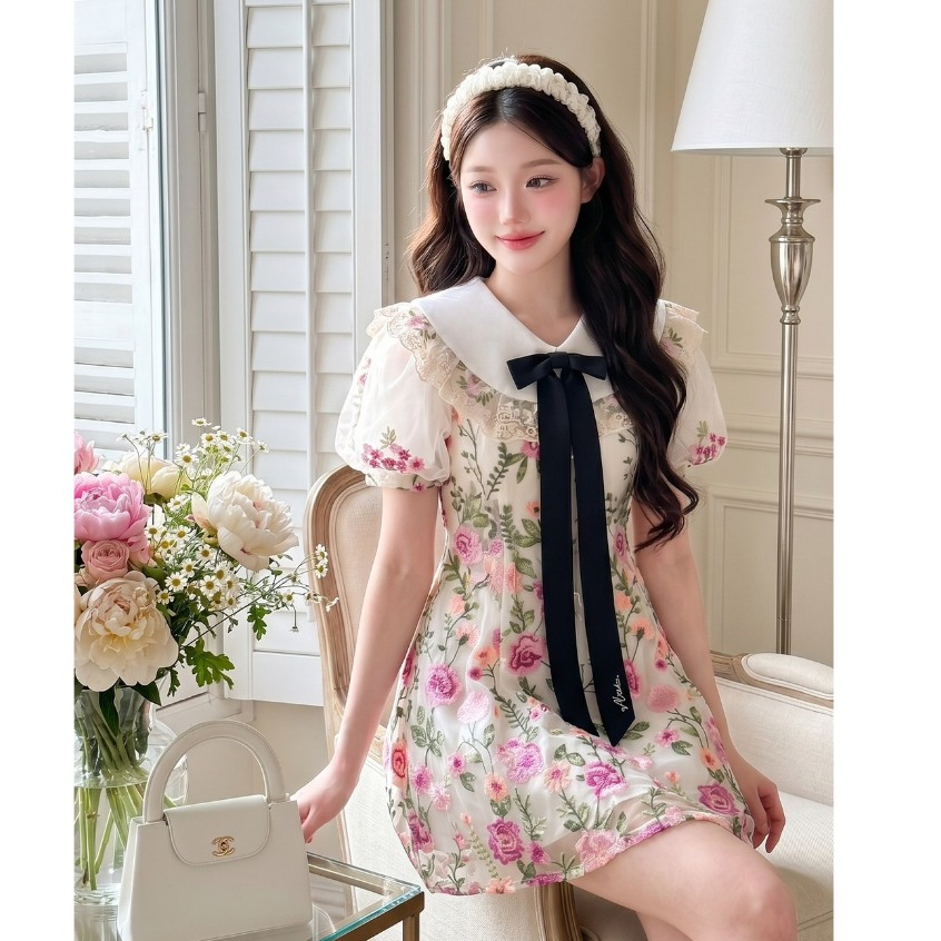 (มี3XL) Fairy Garden Dress เดรสผ้าดอกไม้งานปักสไตล์เวียดนาม แต่งโบว์ดำโดดเด่น มีซับในครีมทั้งชุด ซิปหลัง
