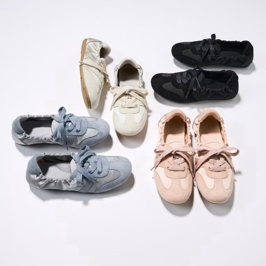 [พร้อมส่ง] GUรองเท้าผ้าใบ ดีไซน์รองเท้าบัลเล่ต์ / GU Gathered ballet sneakers ใส่สบาย นน เบา