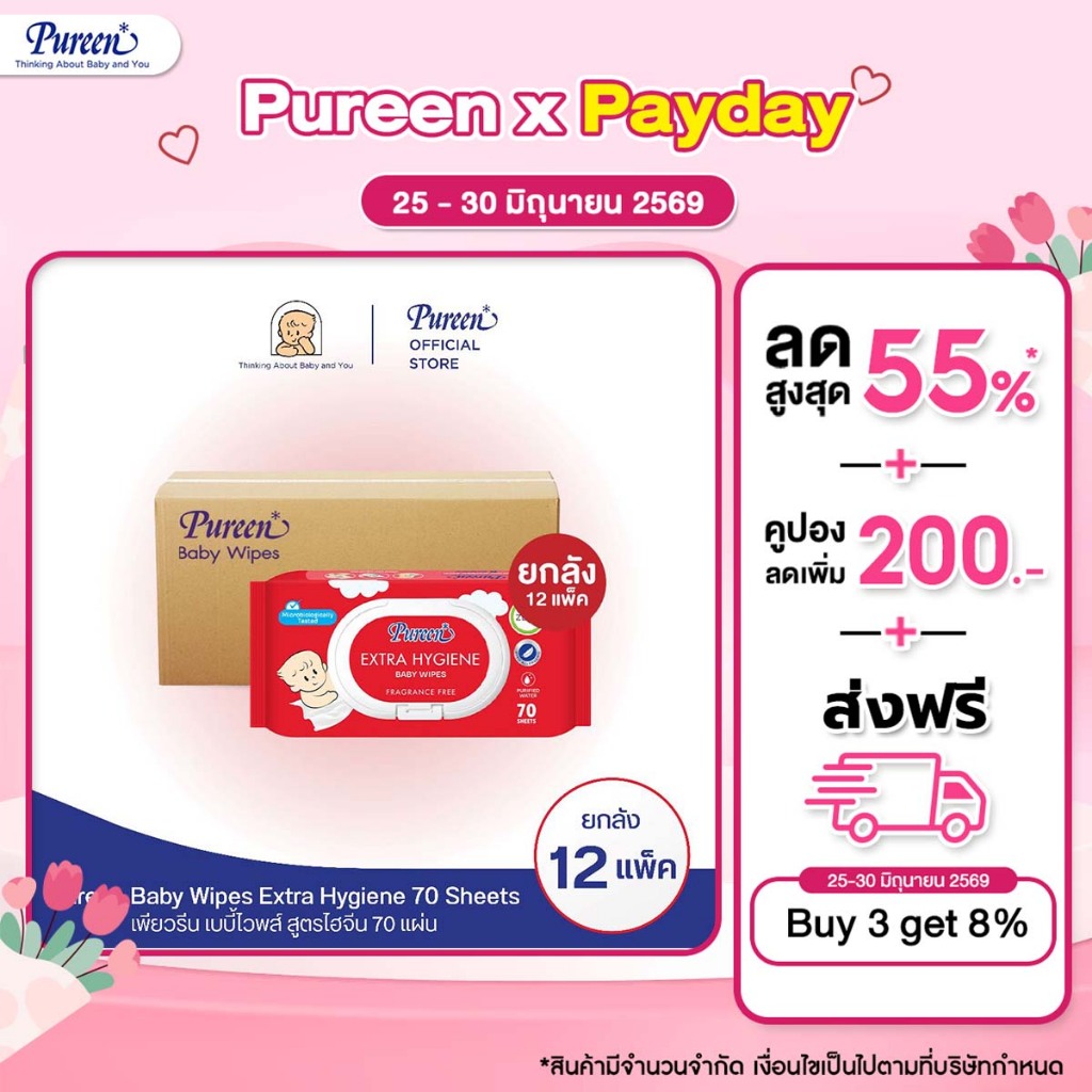 [ยกลัง 12 ห่อ] Pureen เพียวรีน เบบี้ไวพส์ สูตรเอ็กซ์ตราไฮจีน 70 แผ่น ยับยั้งเชื้อแบคทีเรียได้ ไม่ก่อให้เกิดการแพ้
