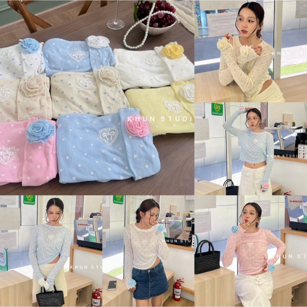 เสื้อแขนยาวแต่งดอกคามิเลีย เสื้อแขนยาวแต่งดอกไม้ที่แขน งานน่ารัก สีพื้น ลายจุด ผ้ายืด KHUN. (K048)
