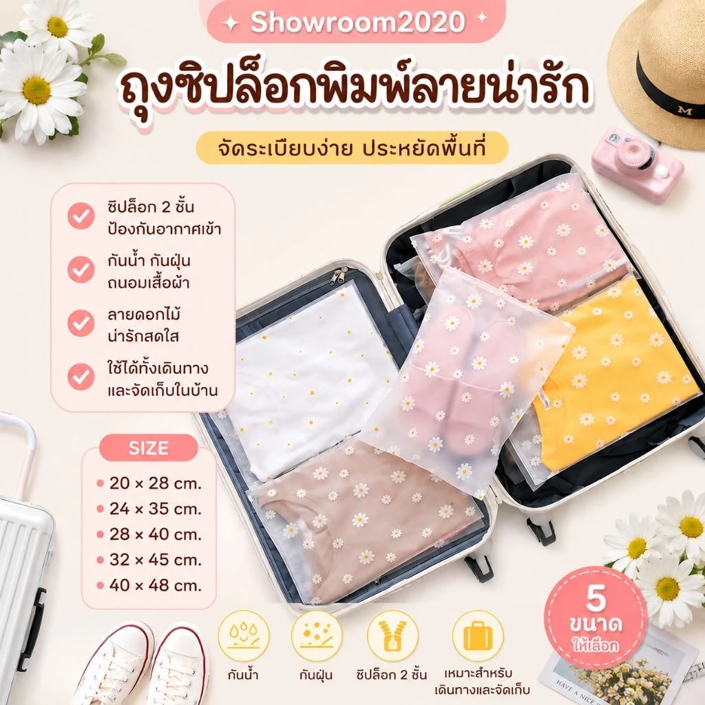 🇹🇭พร้อมส่งจากไทย🇹🇭 ถุงซิปพิมพ์ลายน่ารัก ถุงจัดระเบียบกระเป๋าเดินทาง แบบขยายก้น:ไม่เจาะรู