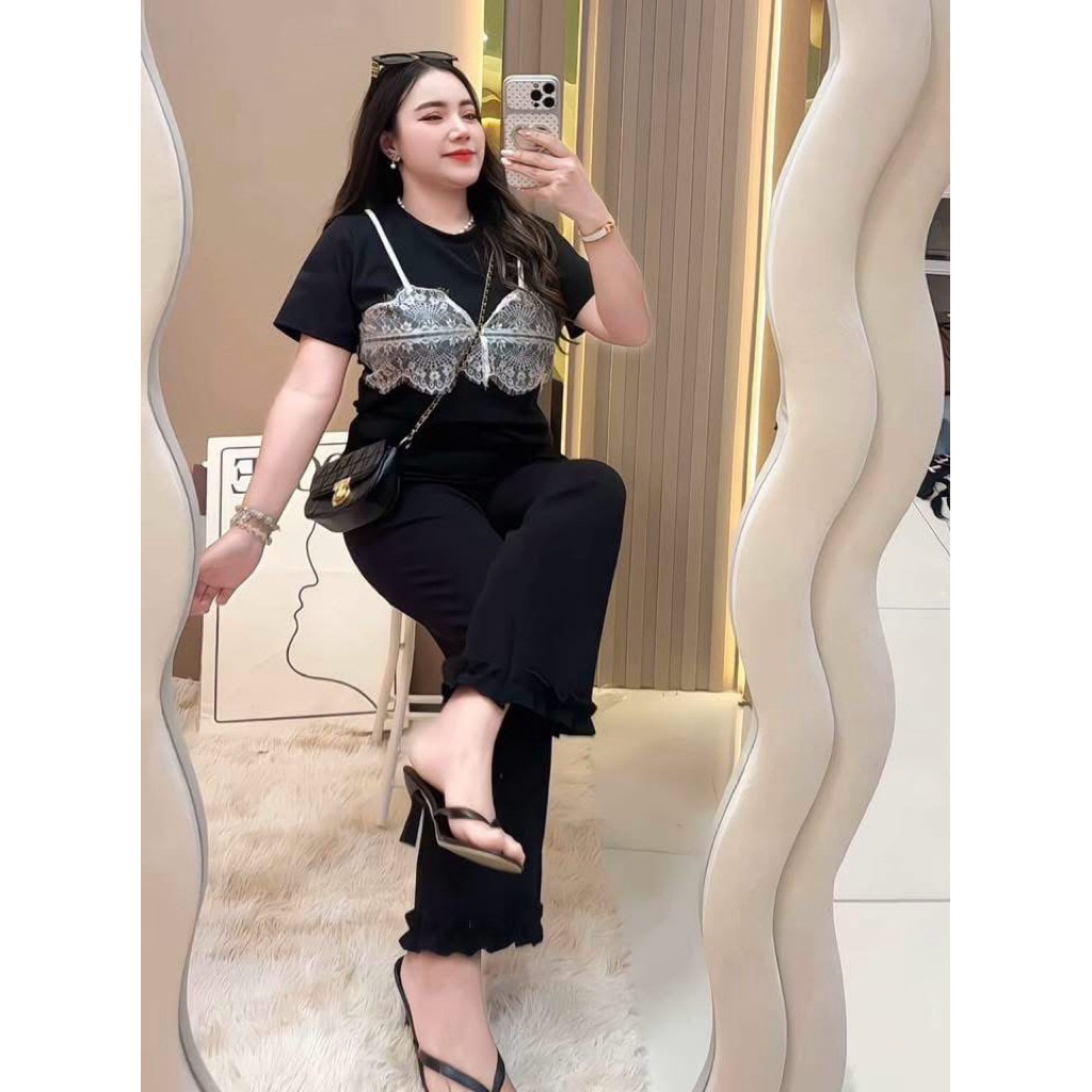 🌼SETเสื้อยืดแต่งดีเทลลูกไม้+กางเกงเรียบเกี๊ยวยาว(พ7+ด4)🌼#สาวอวบ