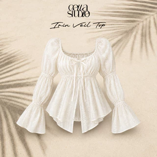 Irin Veil Top-เสื้อแขนยาวทรงyaya คอเหลี่ยมแต่งโบว์ผ้าโรซี่ซับอกผ้าสองชั้น