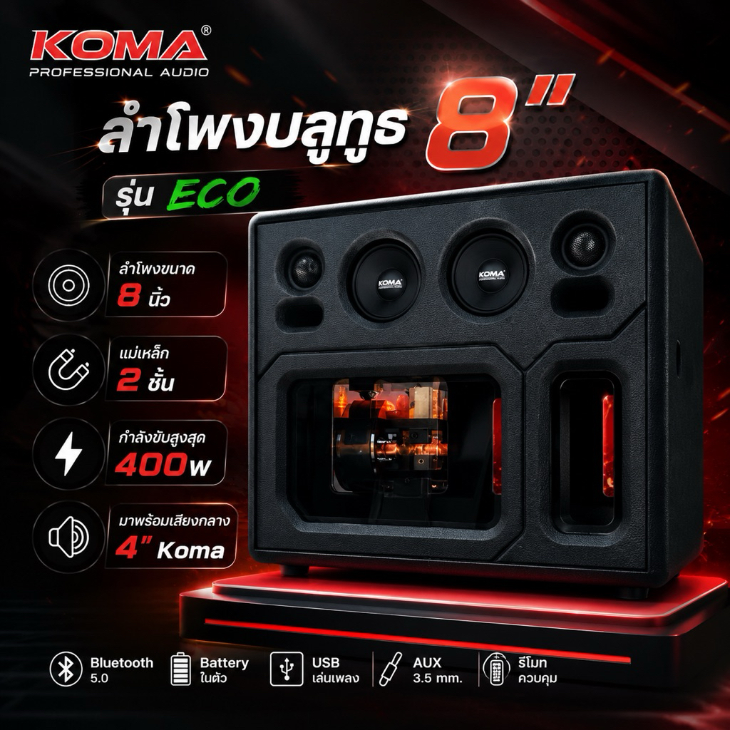 ลำโพงบลูทูธ DIY 8"2ชั้น koma รุ่น eco 400w