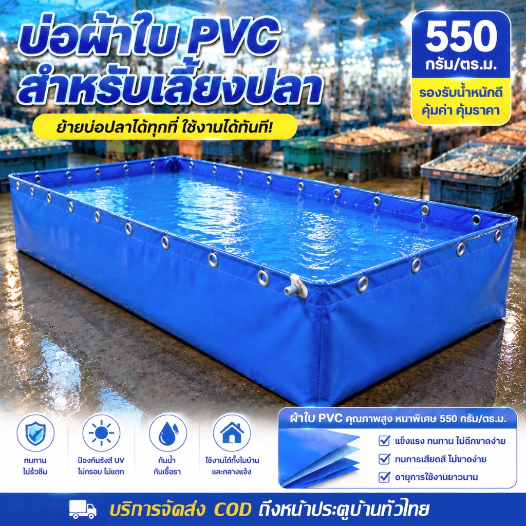 [ไม่รวมโครง] บ่อเลี้ยงปลา PVC ผ้าใบหนา 550 ไมครอน สูง 60/100 ซม. บ่อปลา PVC พับได้ กันน้ำ ทนทาน มีหลายขนาดให้เลือก
