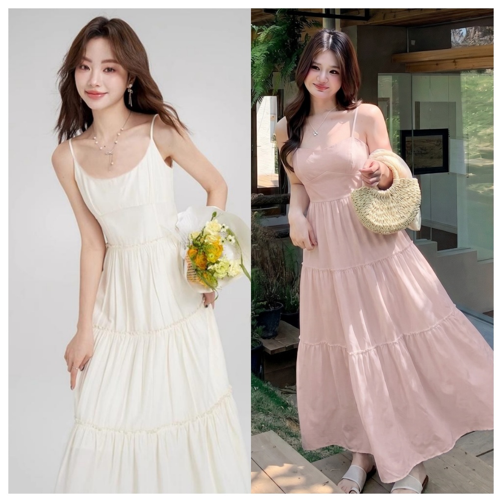 Beryl 🌻 เดรสเอี๊ยมสีเบจสไตล์รีสอร์ทริมทะเลฝรั่งเศส เดรสกระโปรงยาวทรงเอ กระชับสัดส่วน