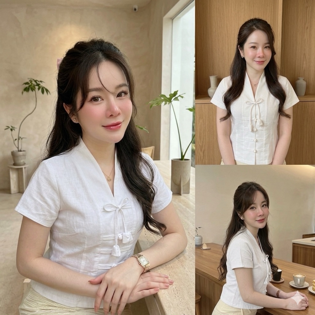 KL COTTON | เสื้อเจ้านางคอวี แต่งกระดุมจีนเรียบหรู ทรงสง่างาม