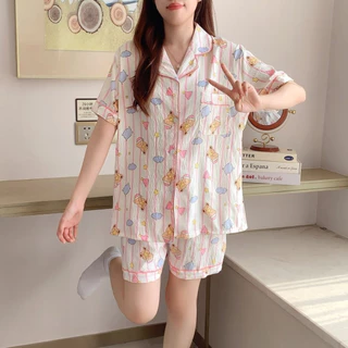 ชุดนอนแขนสั้น-ขาสั้น ชุดนอนผู้หญิง ผ้าไหมญี่ปุ่น L-4XL ลายการ์ตูนน่ารัก ชุดนอนแฟชั่น พร้อมส่ง