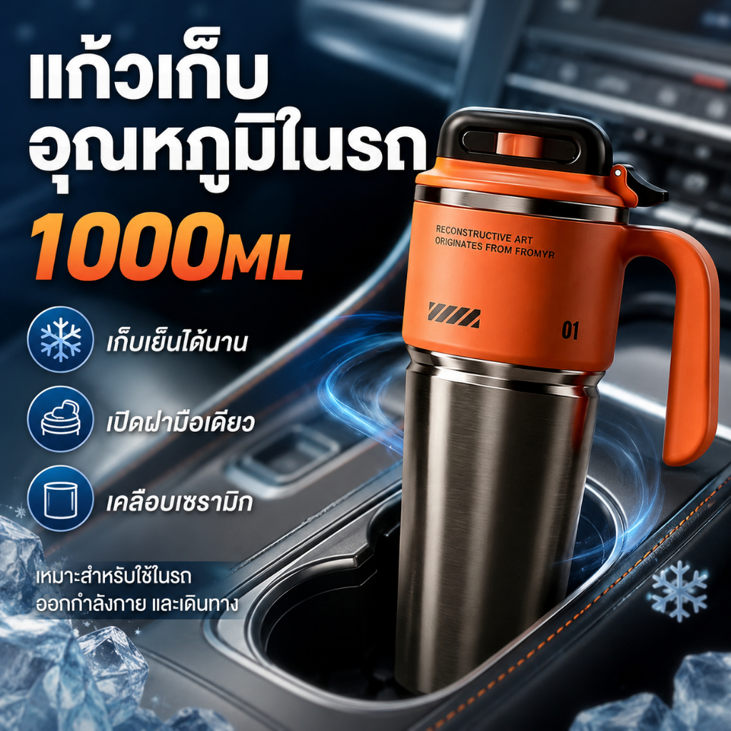 แก้วเก็บอุณหภูมิในรถ แก้วเก็บความเย็น 1000ML เคลือบเซรามิก แก้วเก็บร้อนเย็น เปิดฝามือเดียว ใช้รถ ออกกำลังกาย เดินทาง