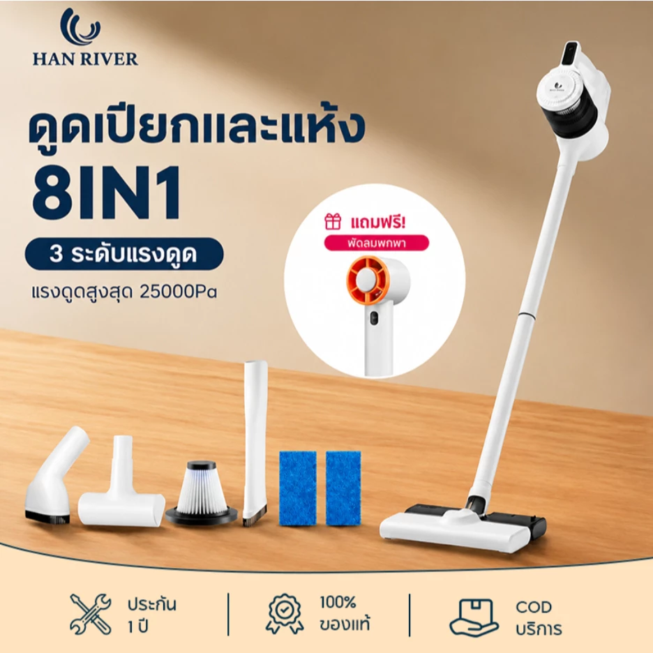 【ของพร้อมส่ง】ดูดเปียกและแห้งได้ 8 in 1 เครื่องดูดฝุ่นไร้สาย 25000Pa จอแสดงผล LED ปรับระดับได้ 3ระดับ