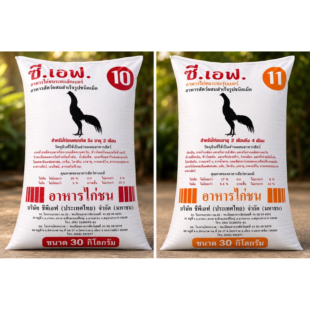อาหารไก่ชน ซี.เอฟ ระยะเล็กและรุ่น มีต้านบิดทั้ง2เบอร์ ขนาดบรรจุ30กก.