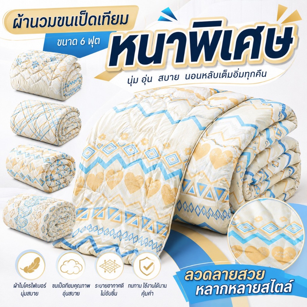 ผ้านวมใยไหมขนเป็ดเทียม 6ฟุต นุ่มหนาแถมฟรีกระเป๋า