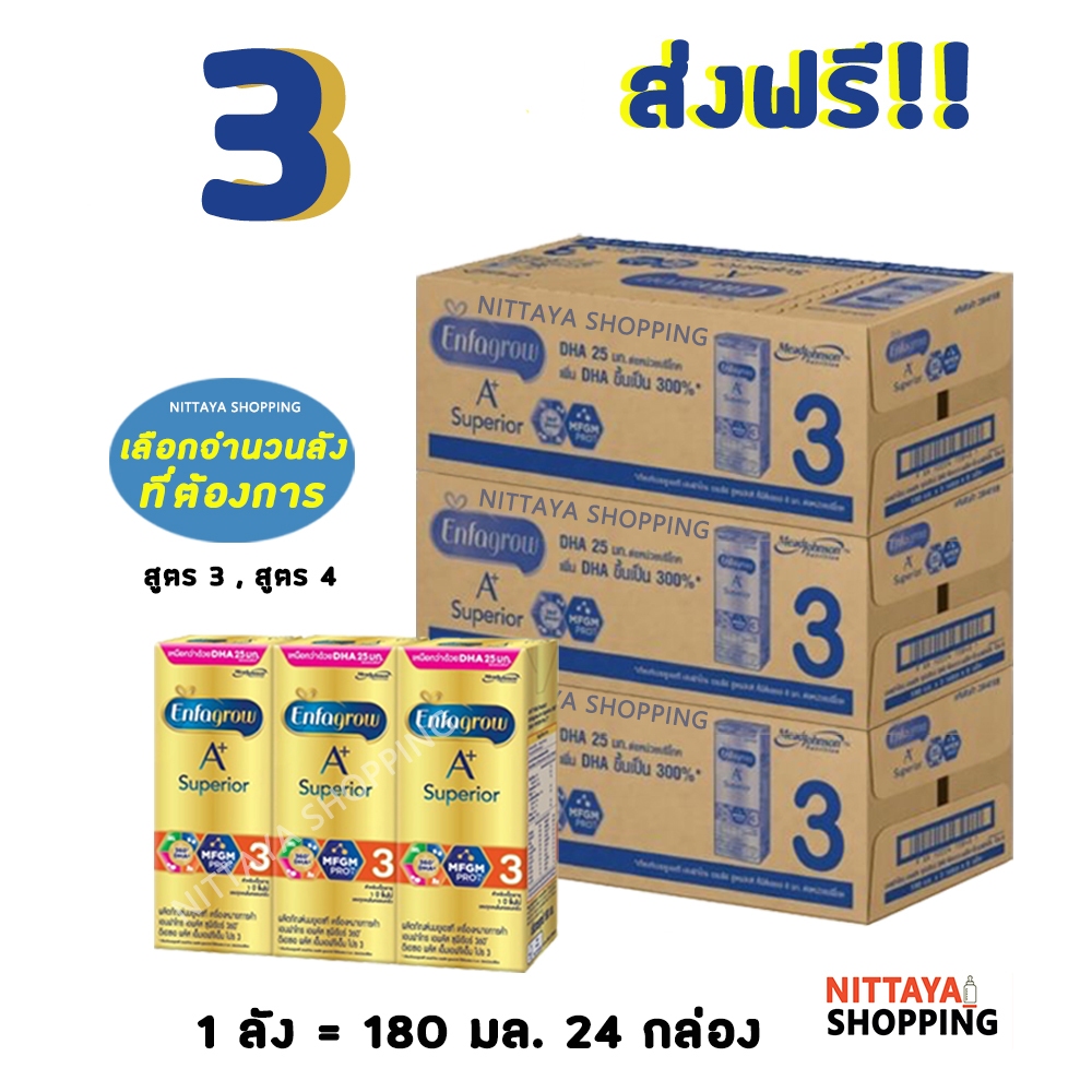 3 ส่งฟรี! Enfagrow A+ Superior สูตร 3 เอนฟาโกร เอพลัส ซุพีเรียร์ 360 กล่องสีทอง 180 มล 24 กล่อง นม น