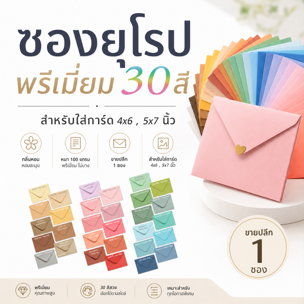 [ขายปลีก]ซองใส่การ์ดงานแต่ง 4x6 / 5x7 นิ้ว ซองฝายุโรป พรีเมี่ยม หนา 100 แกรม กลิ่นหอม (ขายปลีก 1 ใบ)