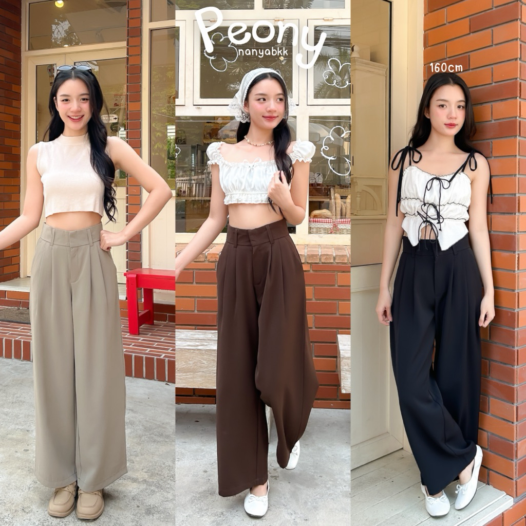 nanya.bkk | Peony 150-160cm กางเกงขายาวทรงกระบอกใหญ่ ดีเทล2จีบหน้า ผ้าทิ้งตัว มีน้ำหนัก คนตัวเล็กไม่ต้องตัดขา (ยาว38)