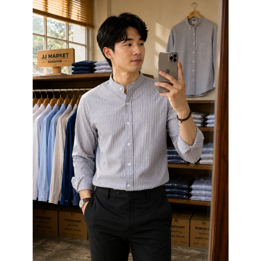 เสื้อเชิ้ต คอจีน ลายริ้ว เสื้อเชิ้ตผู้ชาย