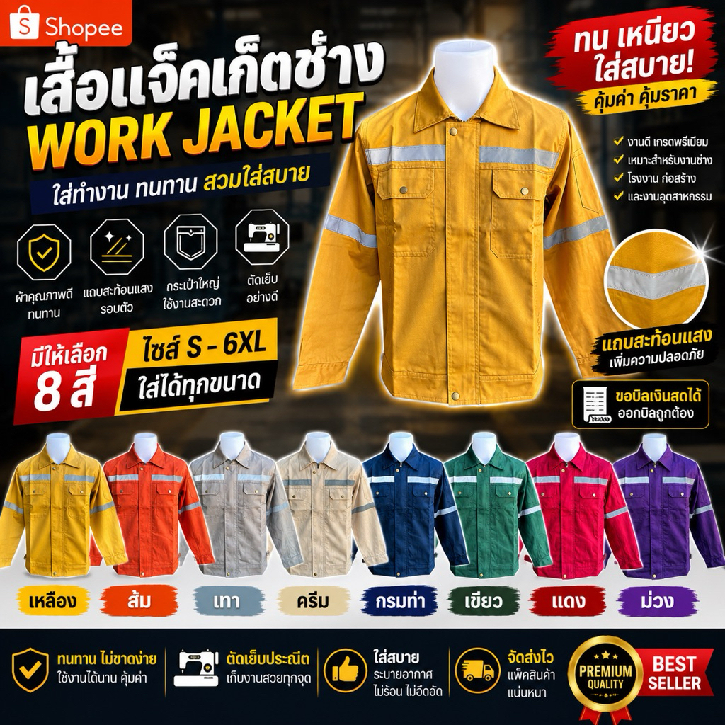 เสื้อช็อปแขนยาว/โทนเดียว/โพลีเอสเตอร์ผสมฝ้าย (S-6XL)