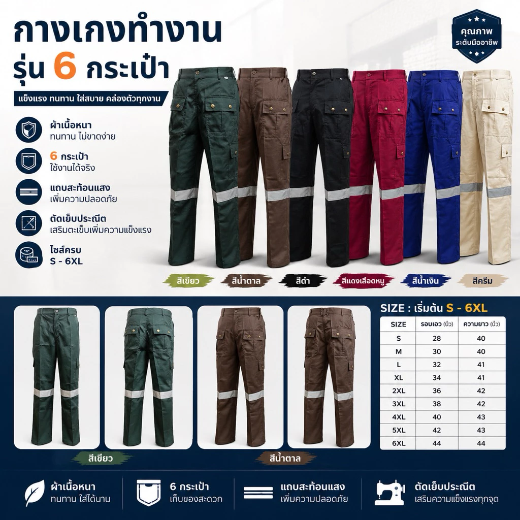 กางเกงทำงาน (หกกระเป๋า) กางเกงช็อป กางเกงสะท้อนแสง พร้อมส่ง S-5XL