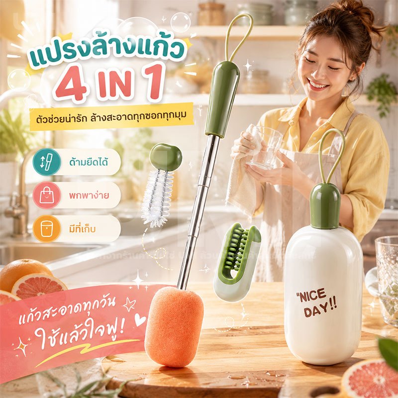 UMI แปรงล้างขวด 4IN1 ที่ล้างแก้ว พกพาสะดวก ล้างแก้วไว ไม่เปลืองแรง แปรงฟองน้ำ แปรงปากแก้วทรงU แปรงซอกมุม กล่องเก็บ
