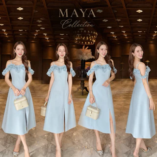 ชุดไปงาน เดรส s-2xl ชุดเดรสสายเดี่ยวแต่งดอกไม้ MAYA G133 สายปรับได้ ผ่าหน้าซับในเต็มตัว สวยมากกกค่า