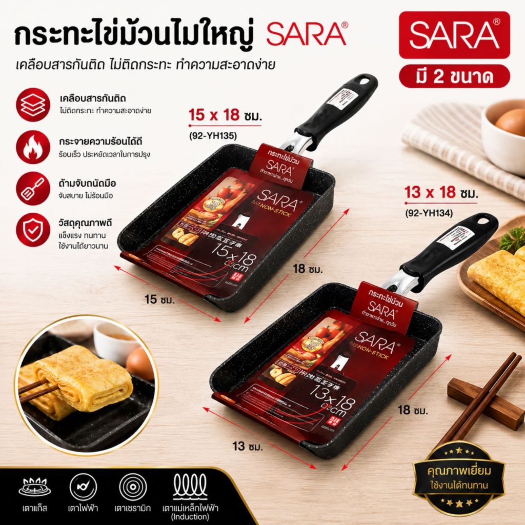 กระทะไข่ม้วนญี่ปุ่น กระทะเทฟล่อน ใช้ได้กับเตาทุกประเภท กระทะนอนสติ๊ก Tamakoyaki มี 2 ขนาด/ Non-Stick Omelette Pan Fried