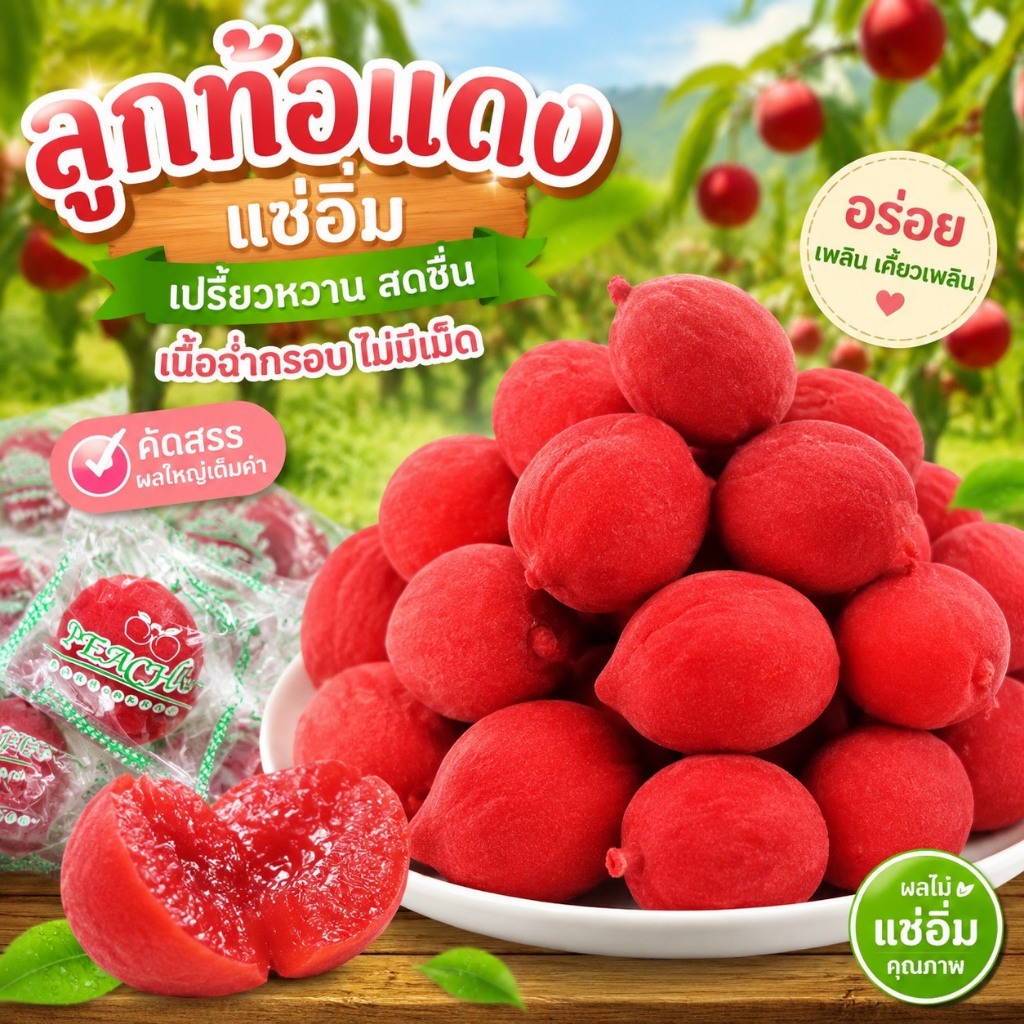 ลูกพีชแช่อิ่มเกรดคัดพิเศษ เปรี้ยวจี๊ดโดนใจ เนื้อฉ่ำหวานกำลังดี 1 ห่อ 500 กรัม ลูกใหญ่เต็มถุง 20 ลูก+