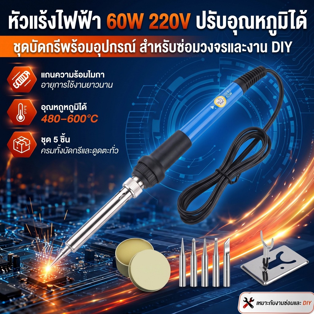 หัวแร้งไฟฟ้า 60W 220V ปรับอุณหภูมิได้ ชุดบัดกรีพร้อมอุปกรณ์ สำหรับซ่อมวงจรและงาน DIY