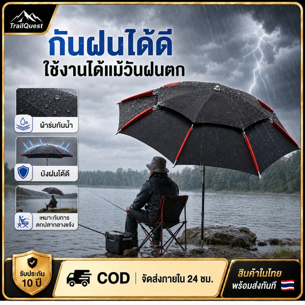 ร่มตกปลา 2.6 ม. ผ้าเคลือบสีดำ 2 ชั้น ร่มตกปลาขนาดใหญ่ โครงอลูมิเนียมแข็งแรง แกน PPC กันรังสี UV กันแดด กันฝน ใช้งานกลางแ
