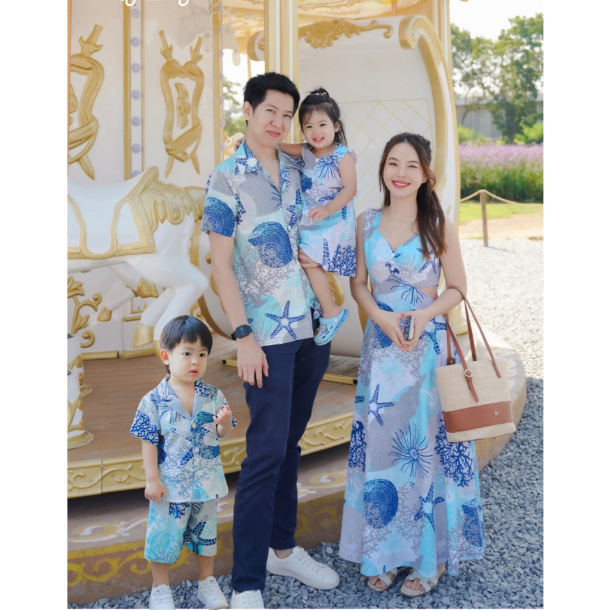 MyWay Brand : ชุดครอบครัว Aquamarine Couple Set ชุดคู่ เดรสยาว เสื้อฮาวายผู้ชาย ชุดคู่กับแฟน